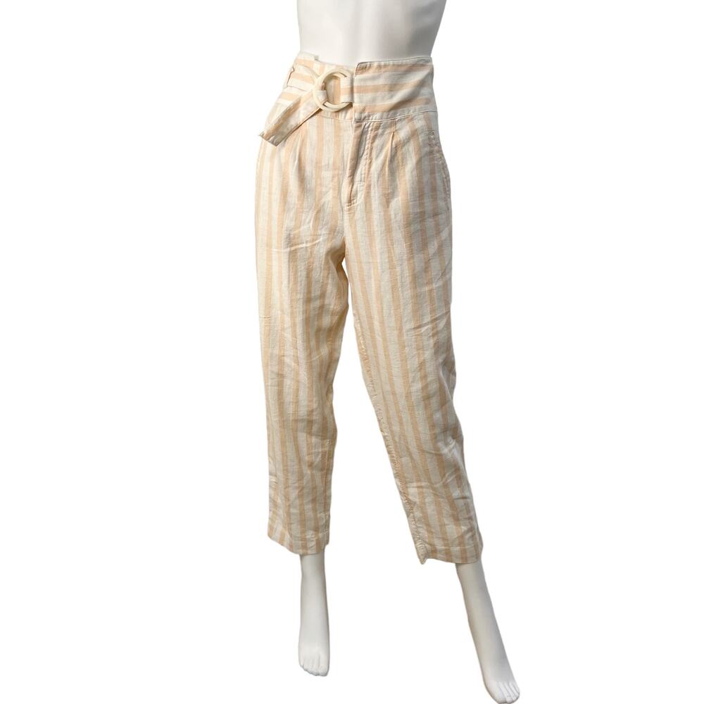 Anthropologie Oasis Striped Pink White Linen Cropped High Rise Pants, 6